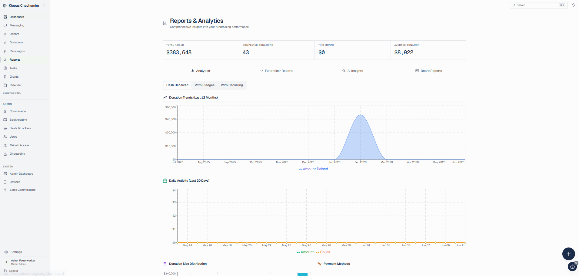 DonorForge reporting dashboard showing fundraising totals, campaigns, and donor trends